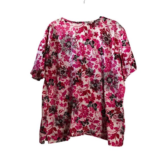 Peaches Uniforms Womens Floral Butterfly Print Scrub Top Short Sleeve V-Neck - Picture 4 of 6